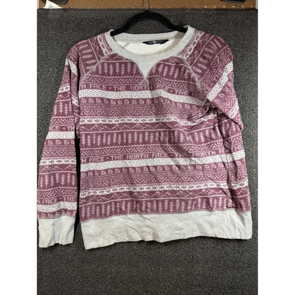The North Face Sweatshirt Womens Small Burgundy Fair Isle Logo Pullover Terry